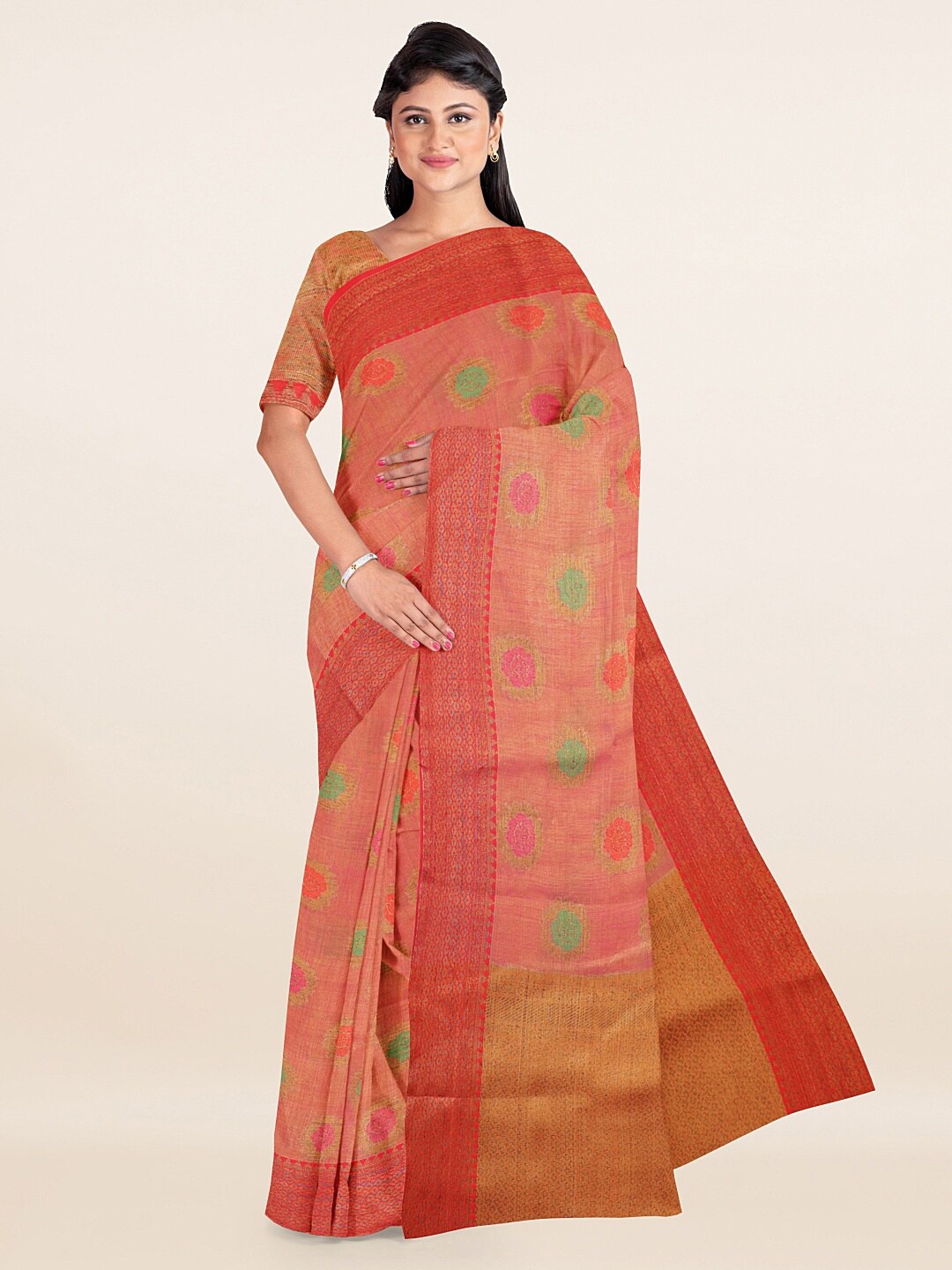 

Pothys Rust & Gold-Toned Floral Zari Saree