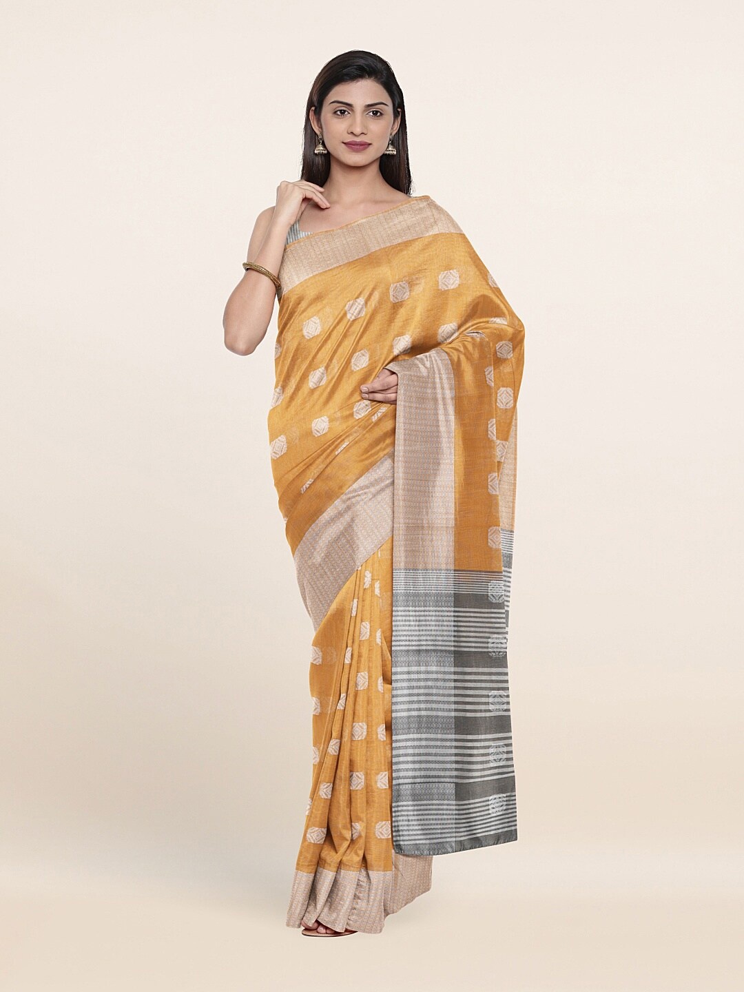 

Pothys Mustard & Silver-Toned Woven Design Zari Saree