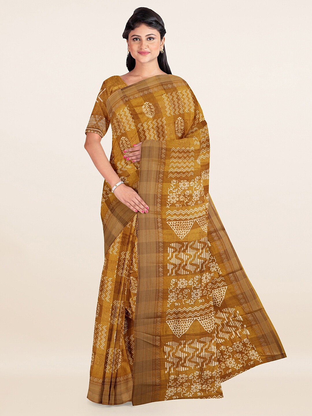 

Pothys Mustard & White Ethnic Motifs Printed Zari Saree