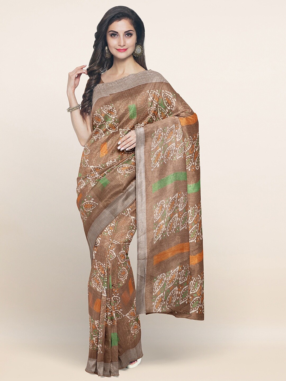 

Pothys Brown & Orange Ethnic Motifs Printed Zari Linen Blend Saree