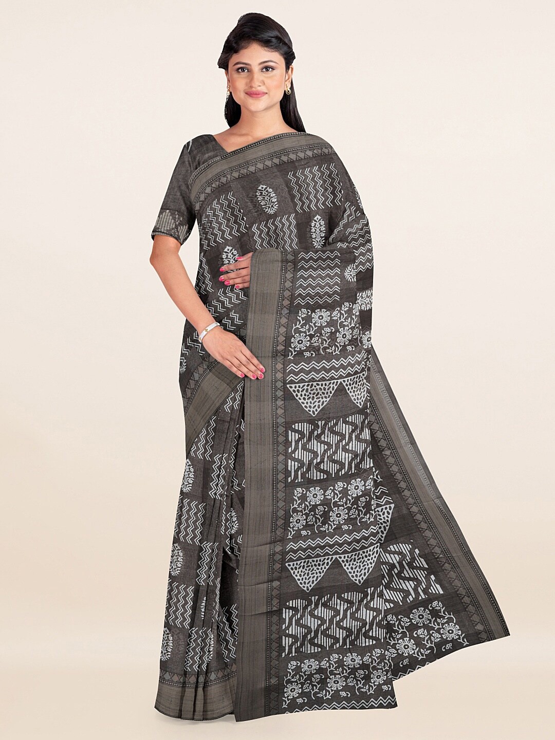

Pothys Grey & Brown Floral Printed Cotton Blend Saree