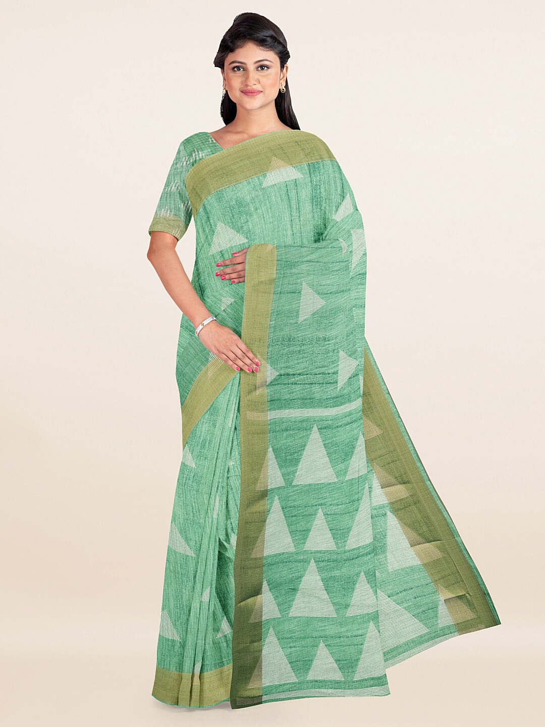 

Pothys Sea Green Geometric Printed Cotton Blend Saree