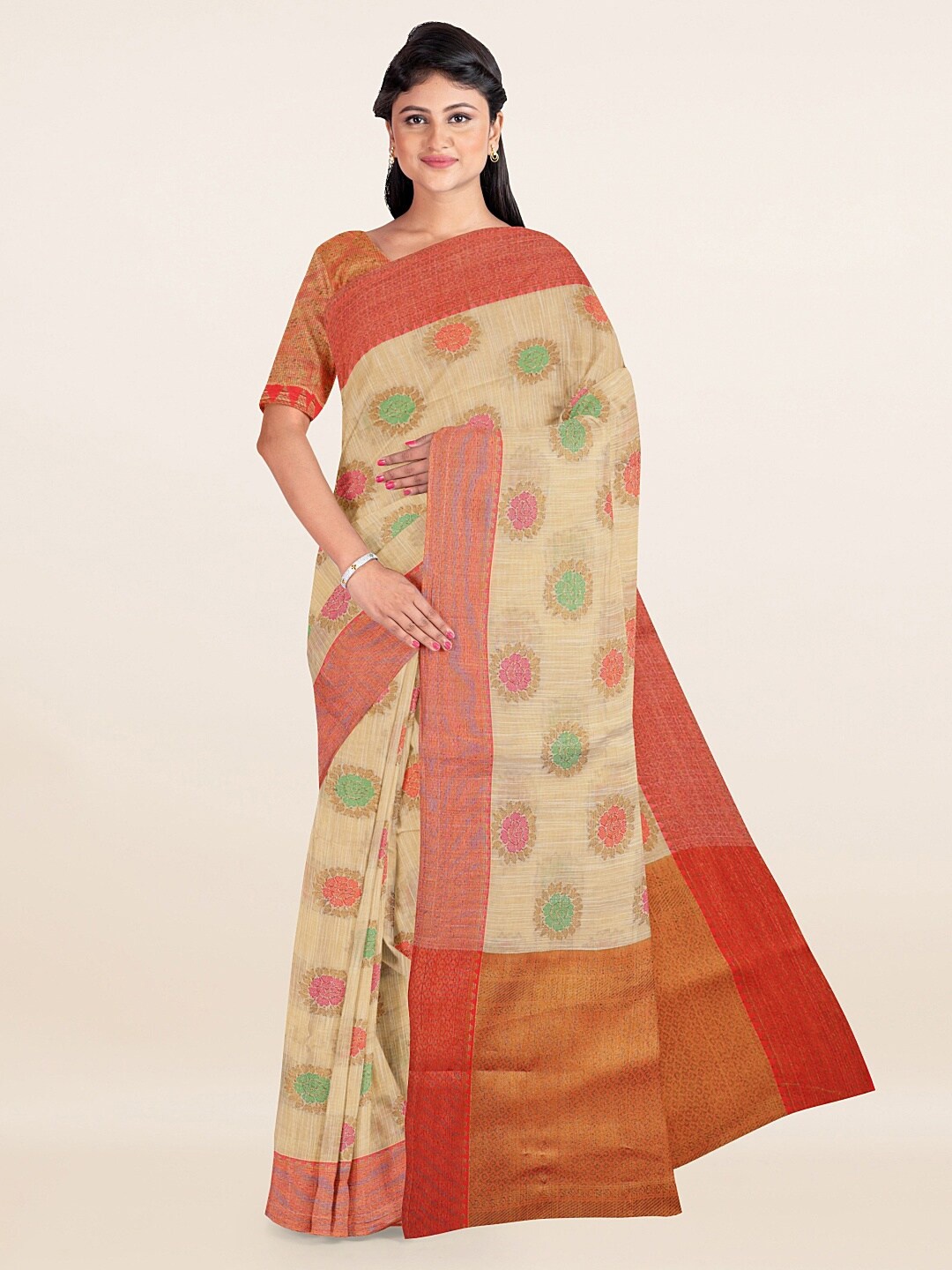 

Pothys Cream-Coloured & Red Floral Zari Saree