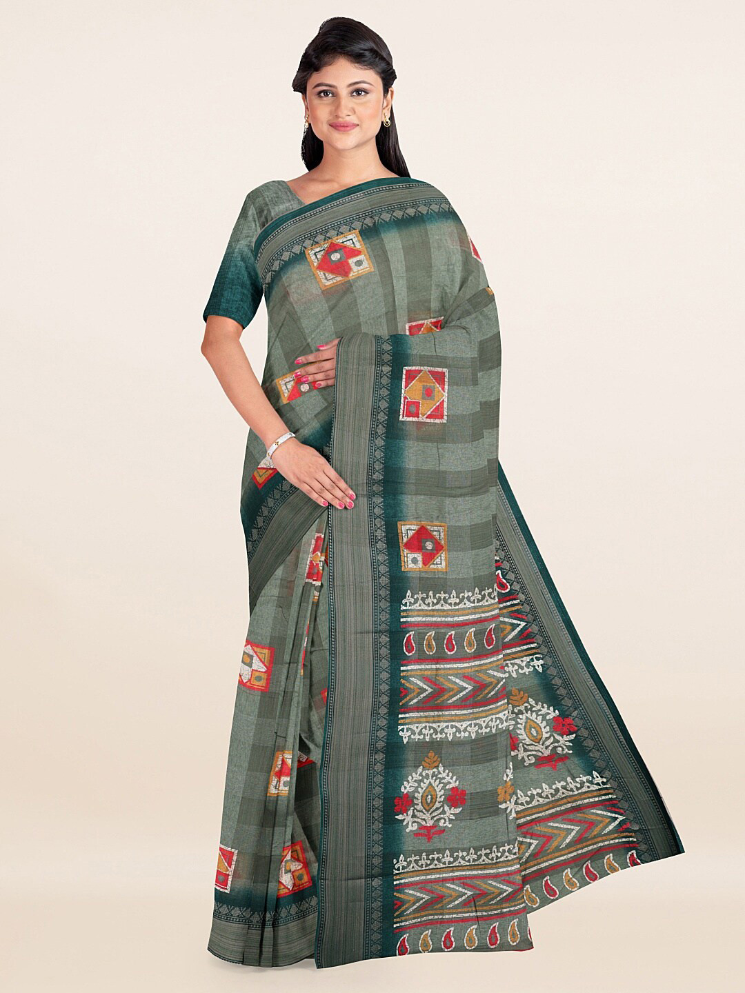 

Pothys Green & Red Geometric Printed Zari Saree