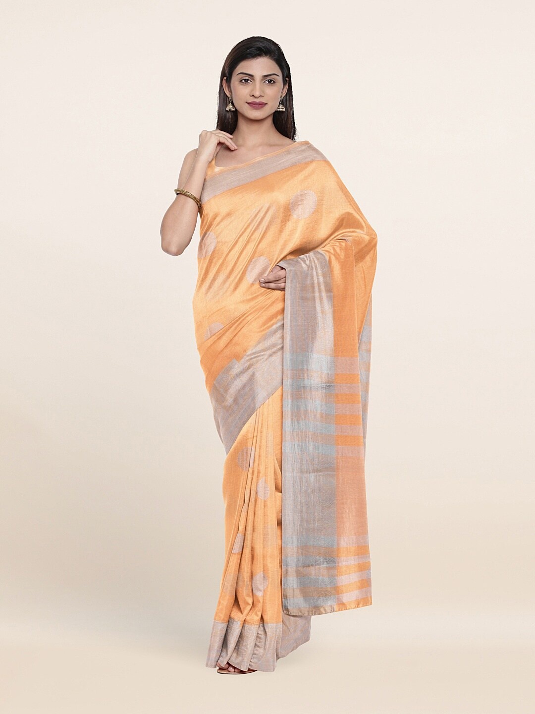 

Pothys Peach-Coloured & Silver-Toned Woven Design Zari Saree