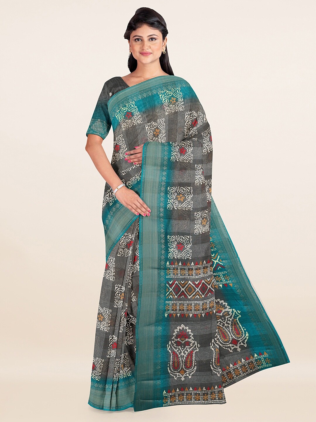 

Pothys Grey & Blue Ethnic Motifs Zari Saree