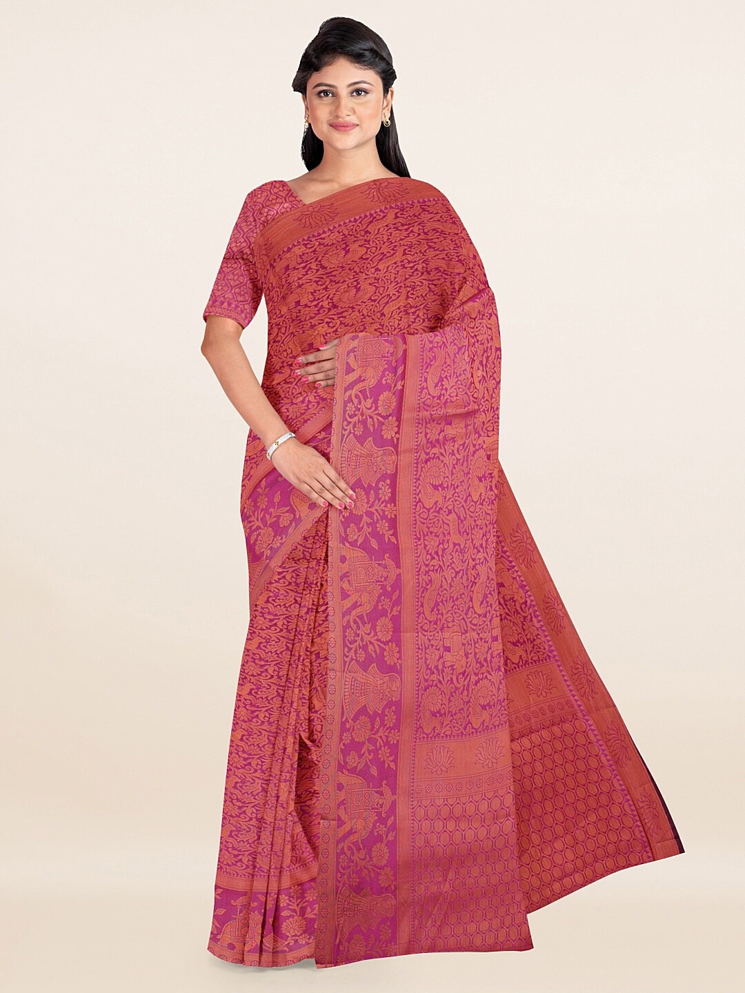 

Pothys Pink & Red Ethnic Motifs Zari Saree