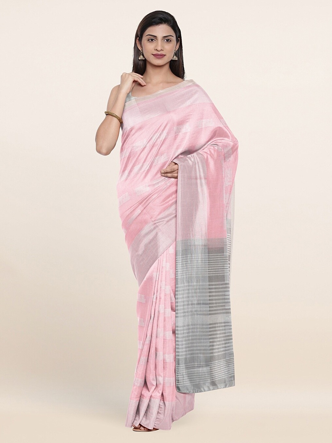 

Pothys Pink & Silver-Toned Woven Design Zari Saree