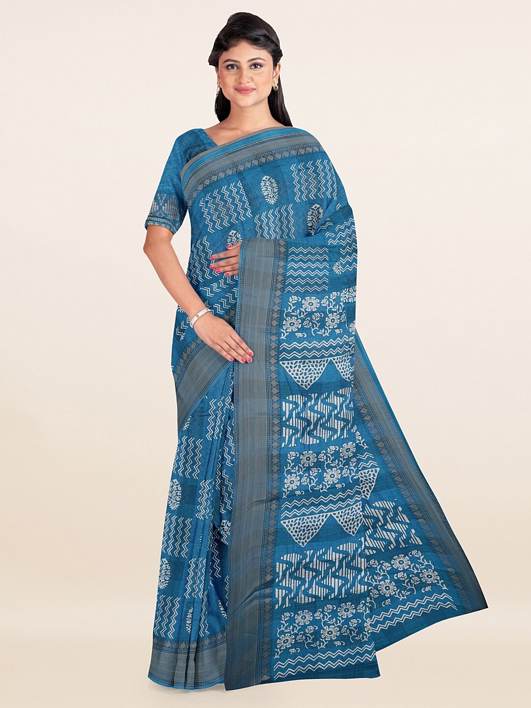 

Pothys Blue & Gold-Toned Ethnic Motifs Printed Zari Saree