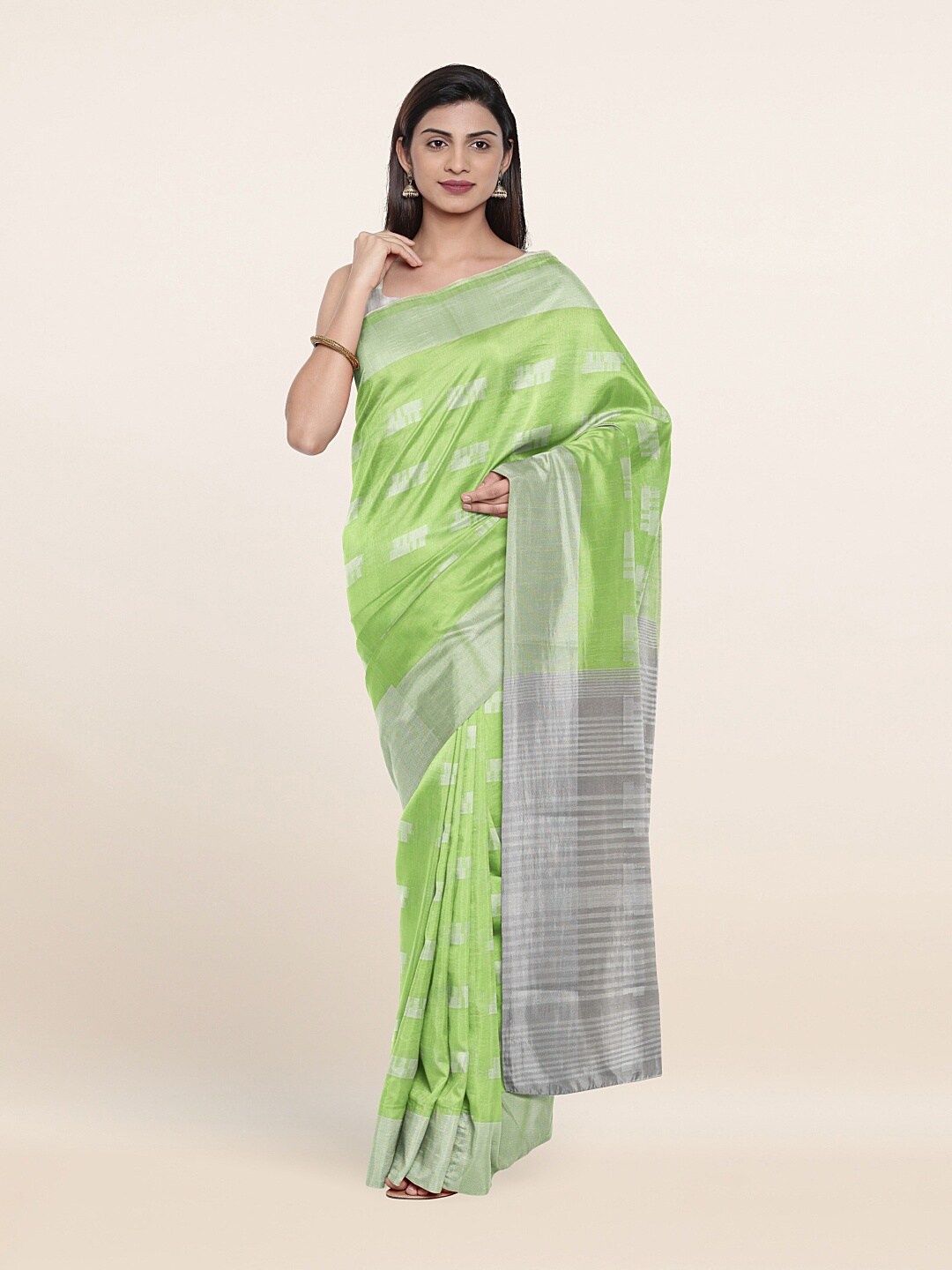 

Pothys Green & Grey Geometric Woven Design Zari Saree