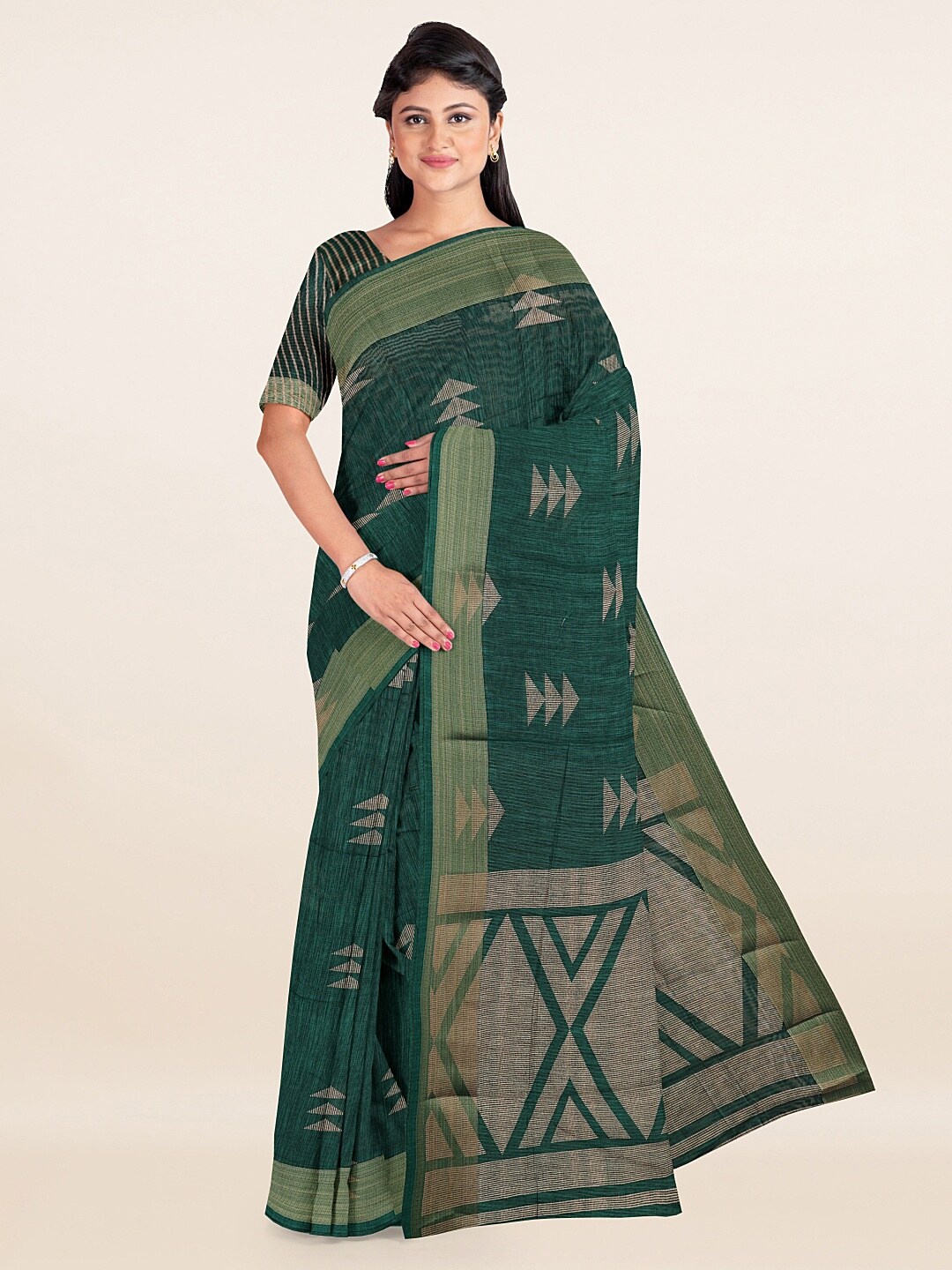 

Pothys Green Geometric Printed Cotton Blend Saree