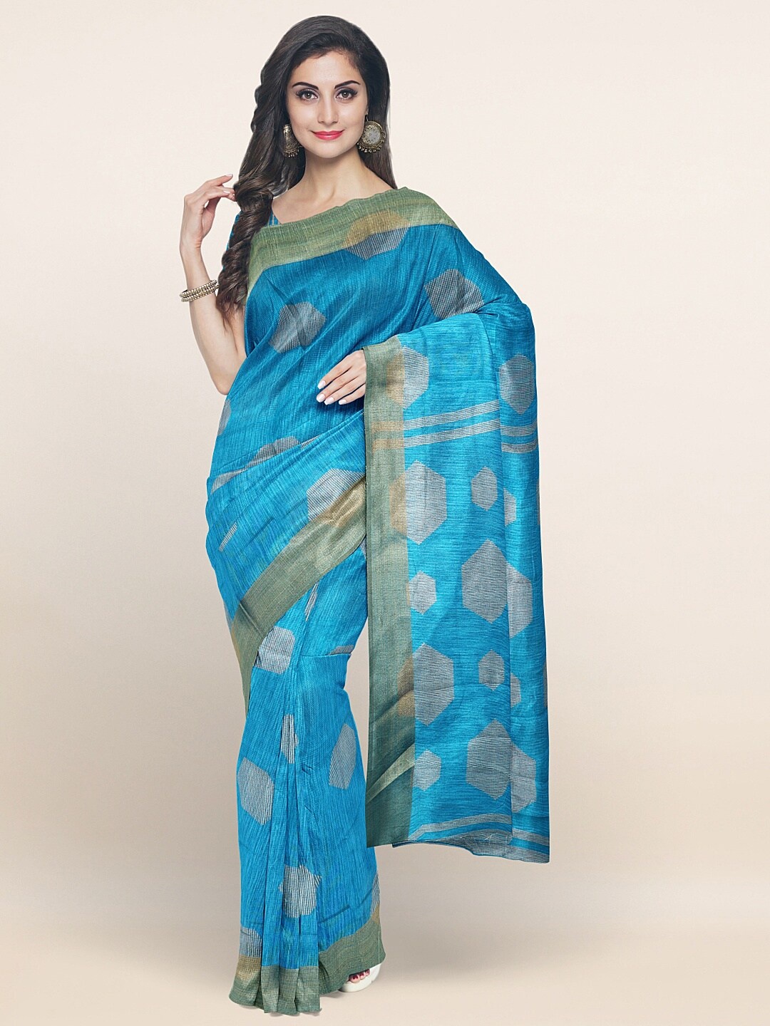 

Pothys Blue & Beige Geometric Printed Zari Saree