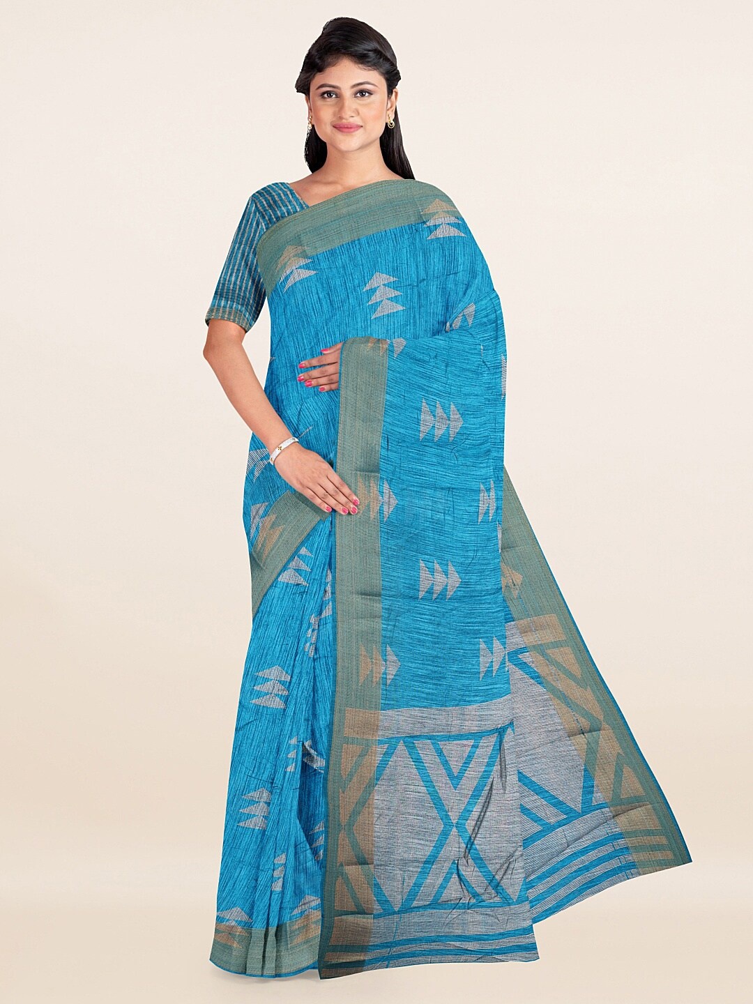 

Pothys Blue Geometric Printed Cotton Blend Saree