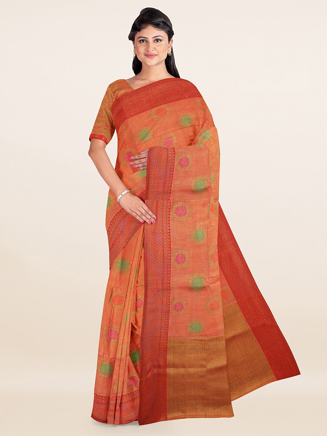 

Pothys Rust & Green Ethnic Motifs Woven Zari Saree