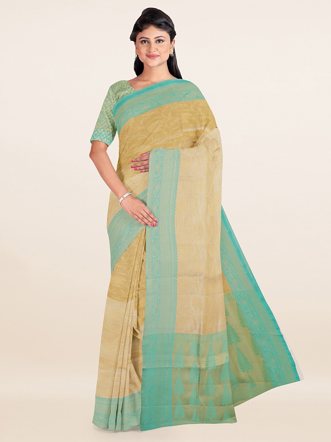 

Pothys Gold-Toned & Blue Floral Zari Saree