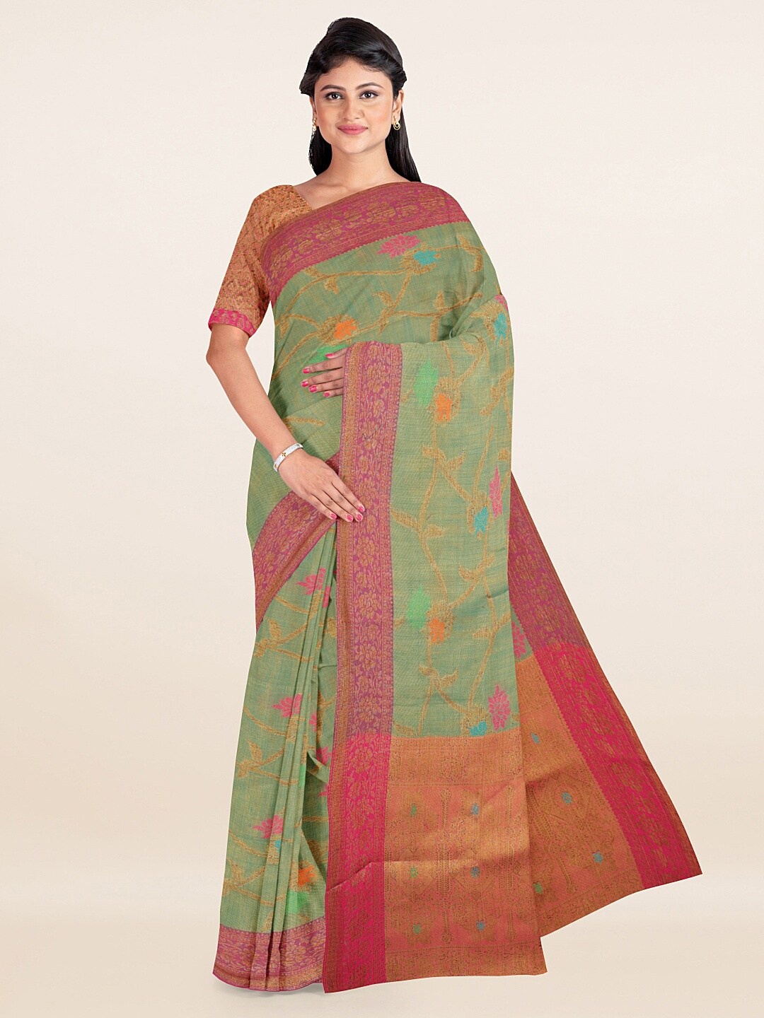 

Pothys Green & Orange Floral Saree