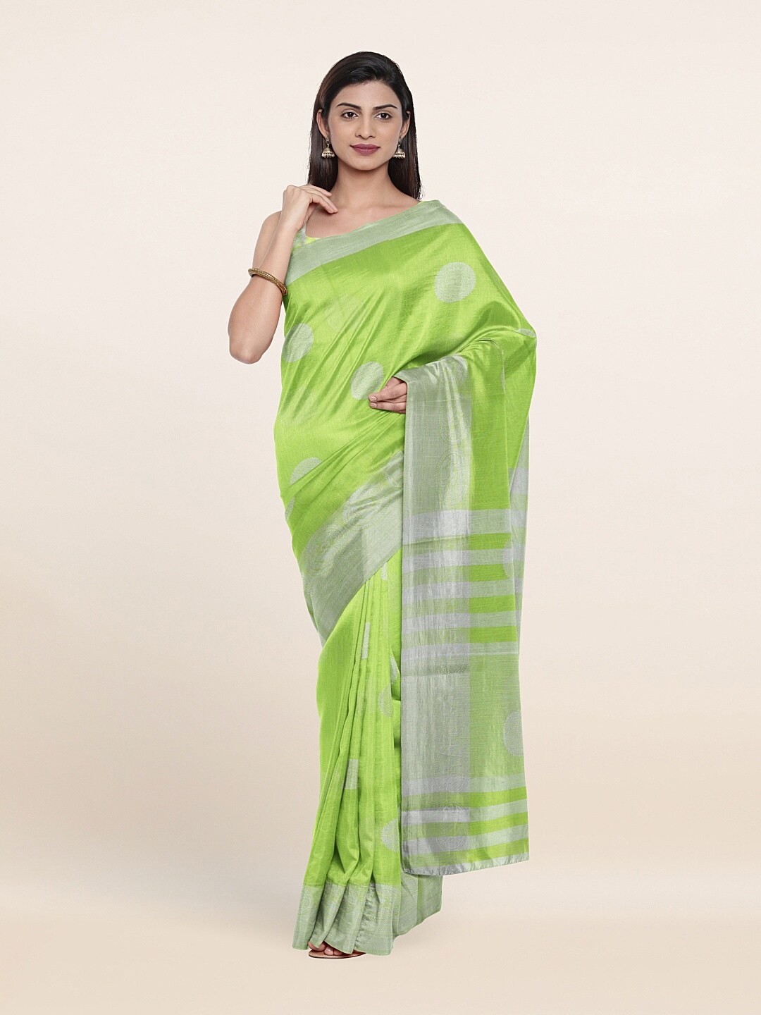 

Pothys Green & Silver-Toned Geometric Woven Design Zari Saree