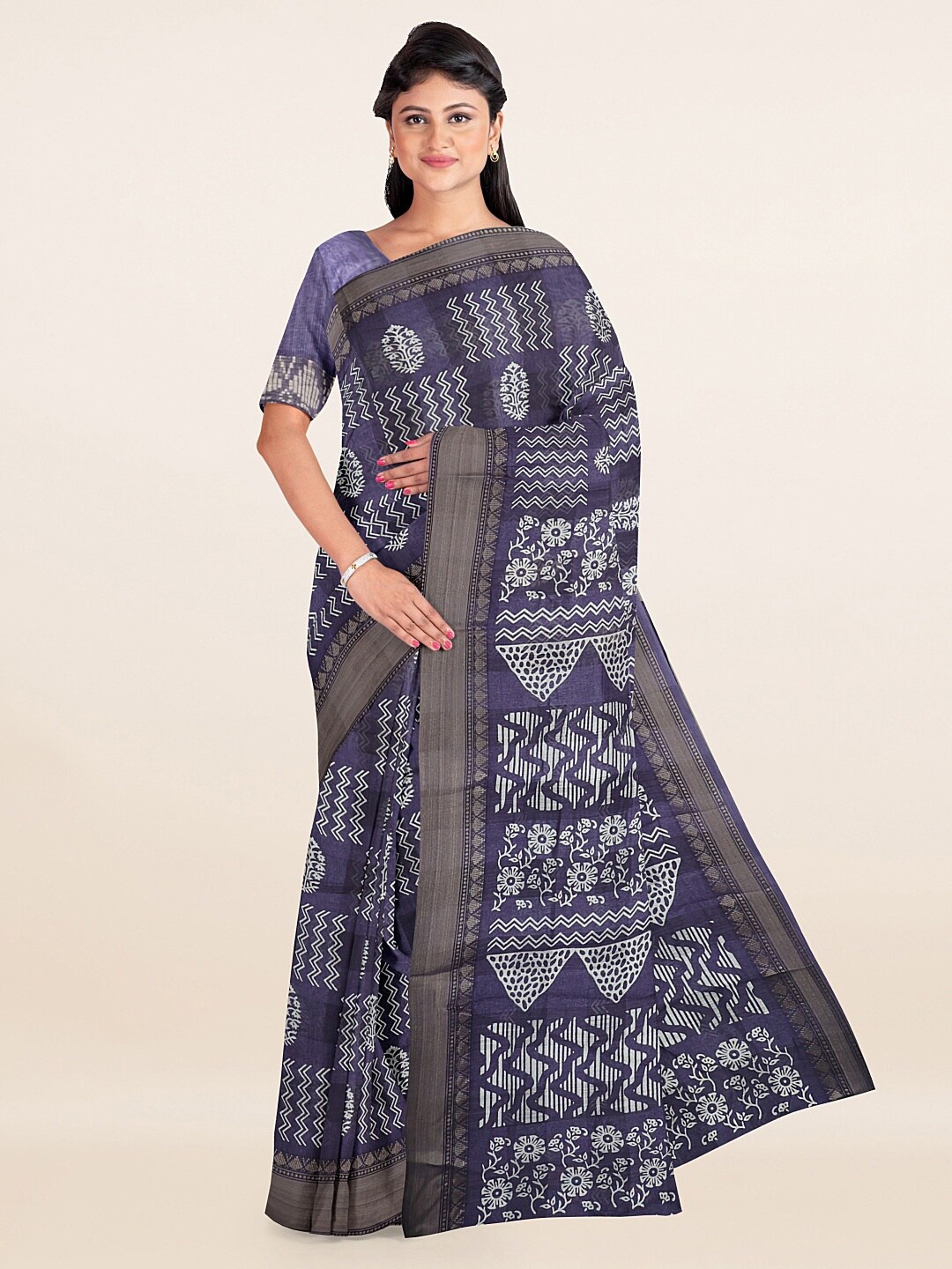 

Pothys Violet & White Floral Zari Saree