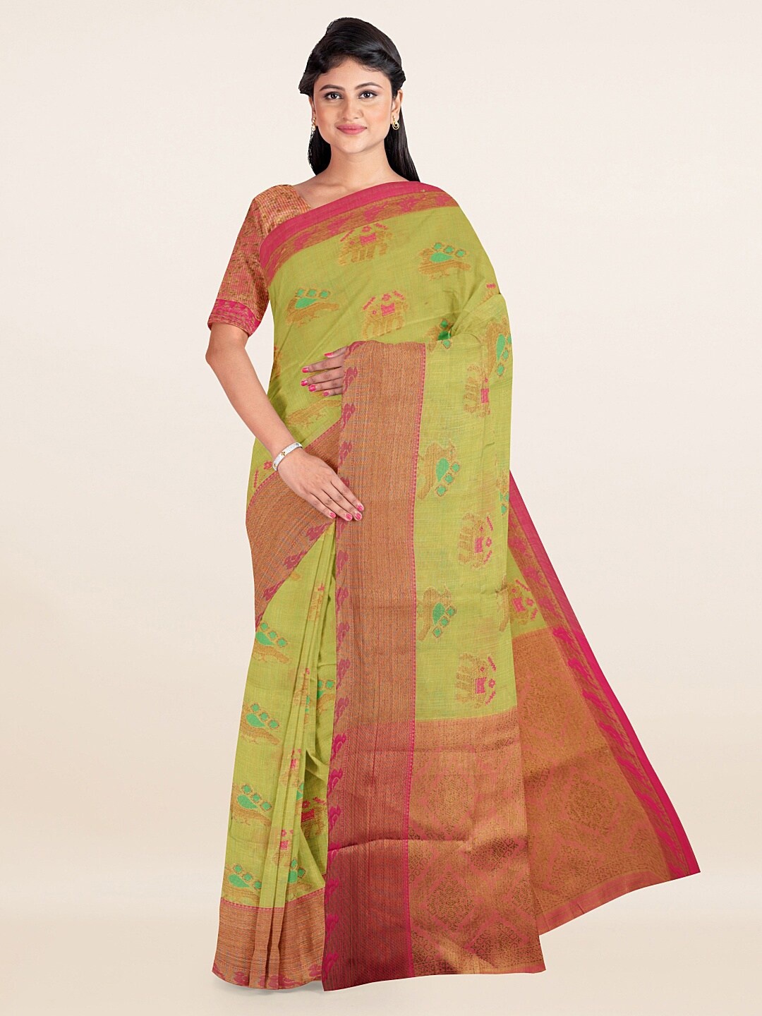 

Pothys Green & Pink Ethnic Motifs Zari Saree