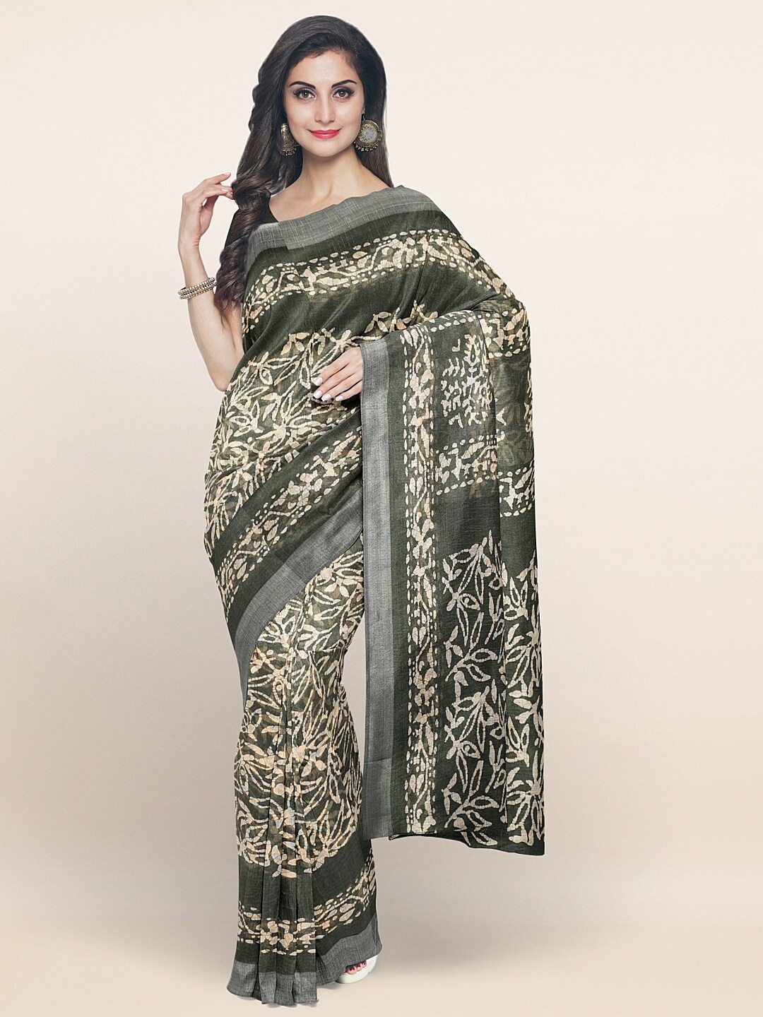 

Pothys Green & Silver-Toned Floral Linen Blend Saree
