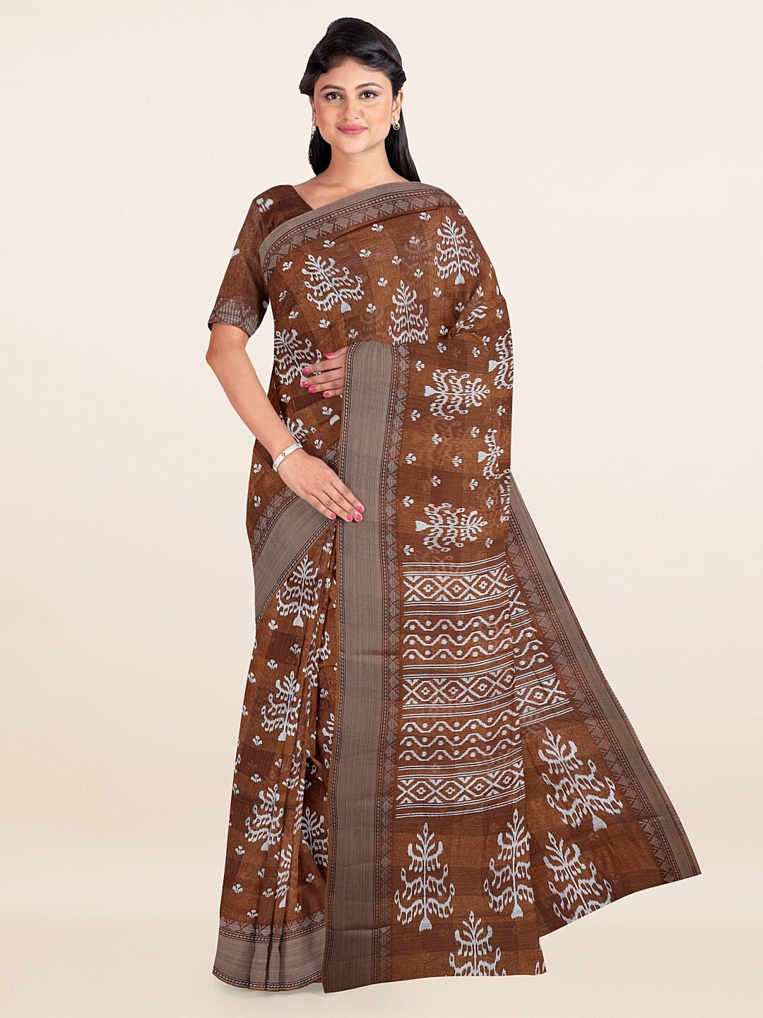 

Pothys Brown & White Ethnic Motifs Zari Saree