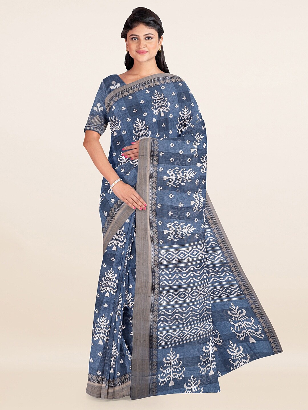 

Pothys Blue & Silver-Toned Ethnic Motifs Saree