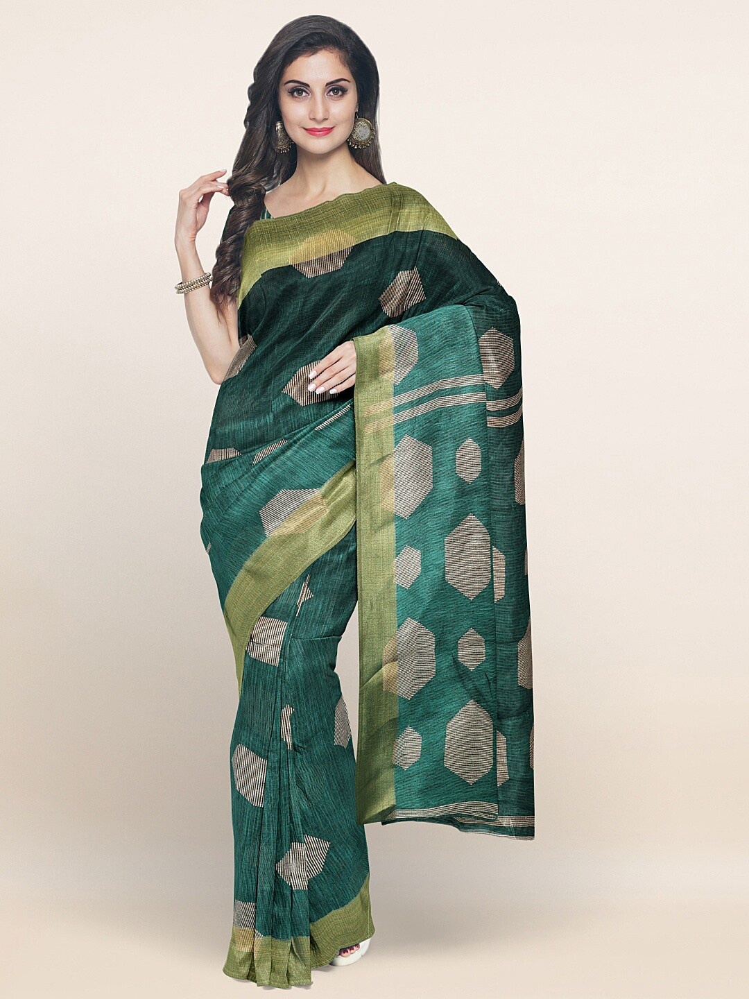 

Pothys Green & Beige Geometric Printed Zari Saree