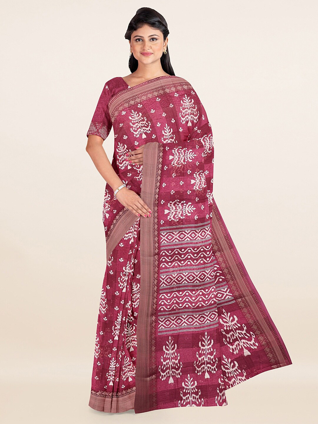 

Pothys Purple & White Floral Zari Saree