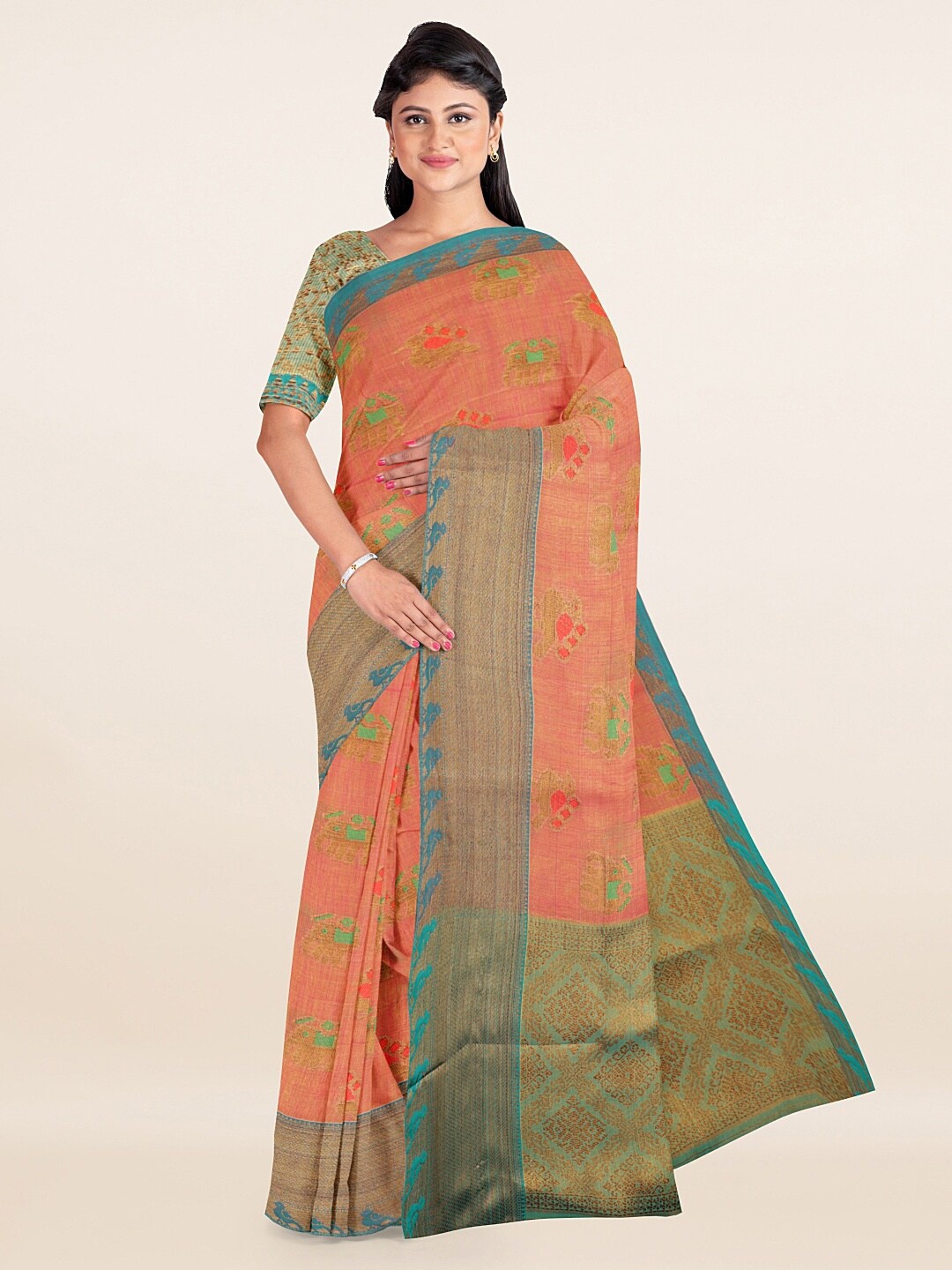 

Pothys Pink & Blue Ethnic Motifs Zari Saree