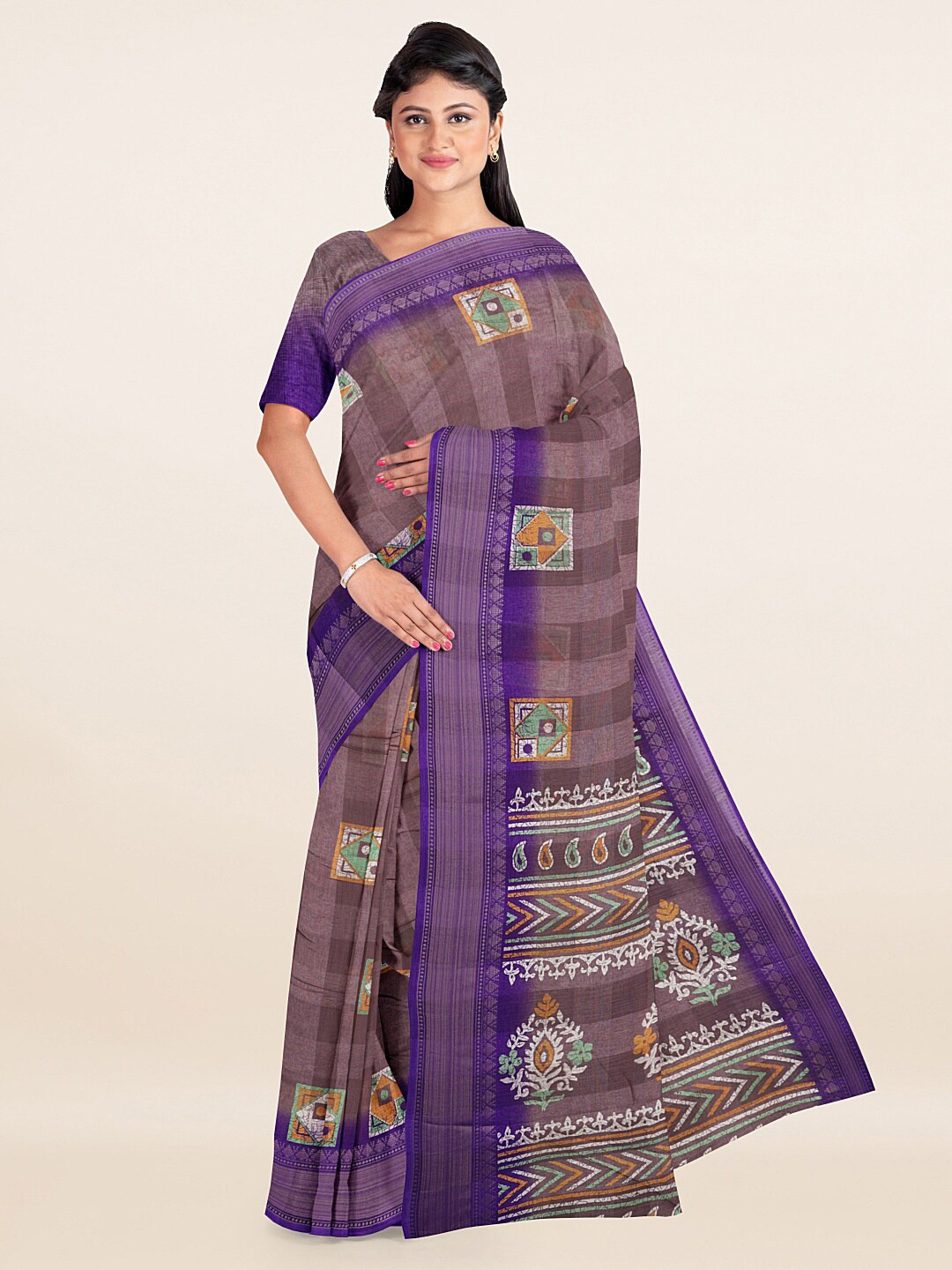 

Pothys Brown & White Printed Cotton Blend Saree