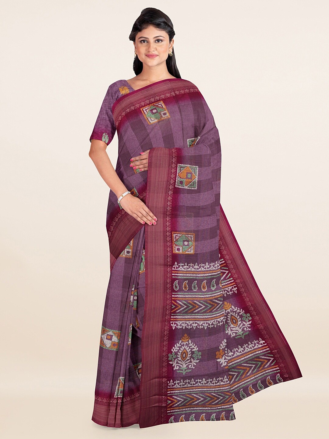 

Pothys Violet & White Ethnic Motifs Printed Zari Saree
