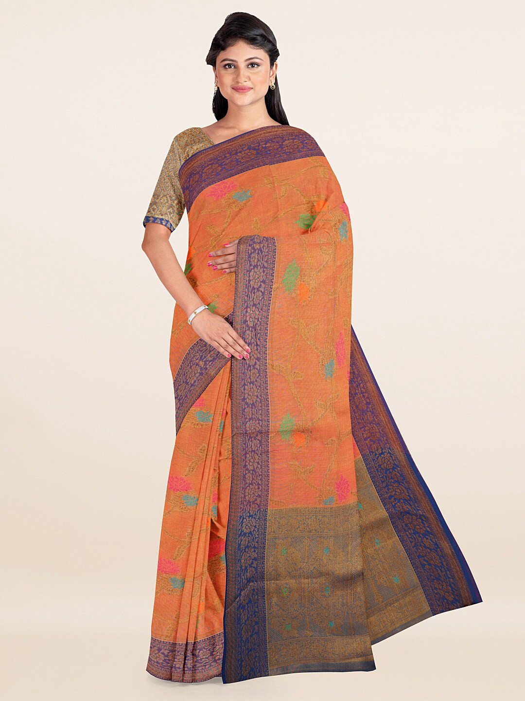 

Pothys Orange & Purple Woven Design Cotton Blend Saree