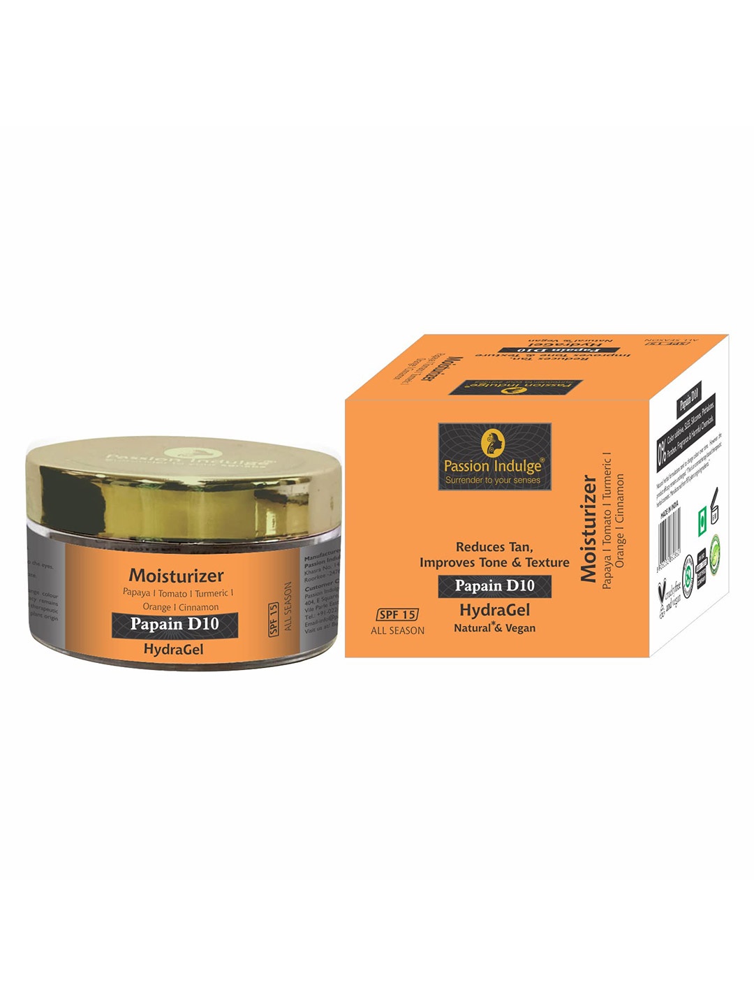 

Passion Indulge Papain D10 Hydra-Gel Moisturizer with Papaya-Tomato & Turmeric 50 g, Orange