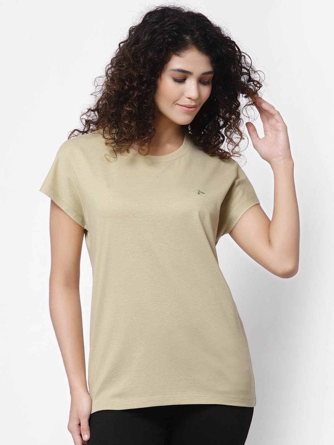 

Mode by Red Tape Women Olive Green Pure Cotton T-shirt