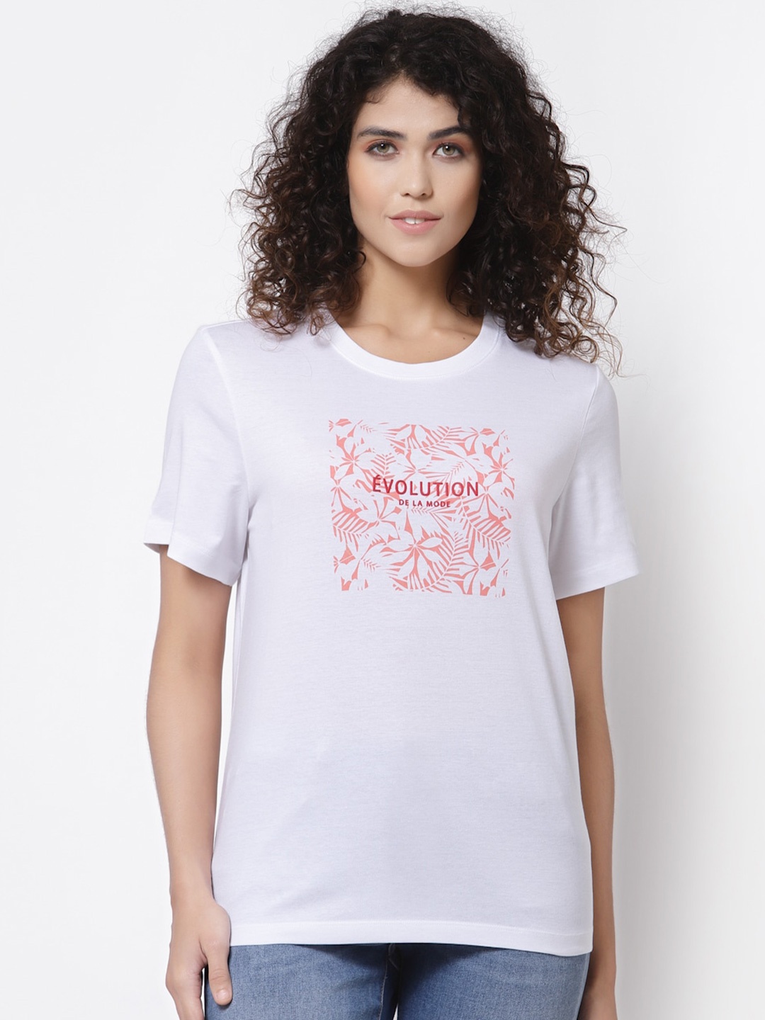 

Mode by Red Tape Women White Typography Printed Pure Cotton T-shirt