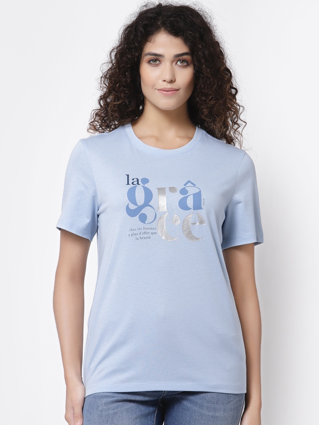 

Mode by Red Tape Women Blue Typography Printed Pure Cotton Regular Fit T-shirt