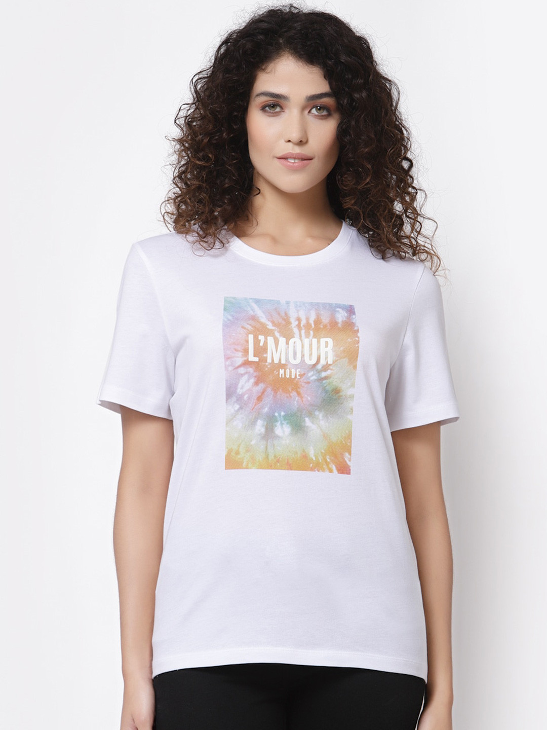 

Mode by Red Tape Women White Typography Printed Pure Cotton T-shirt