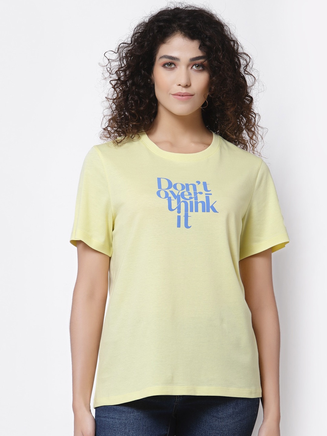

Mode by Red Tape Women Yellow Typography Printed Pure Cotton T-shirt