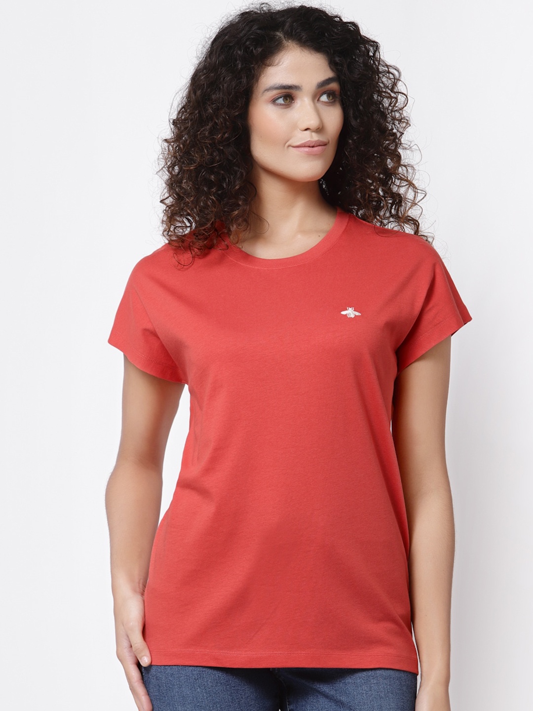 

Mode by Red Tape Women Coral Pure Cotton T-shirt
