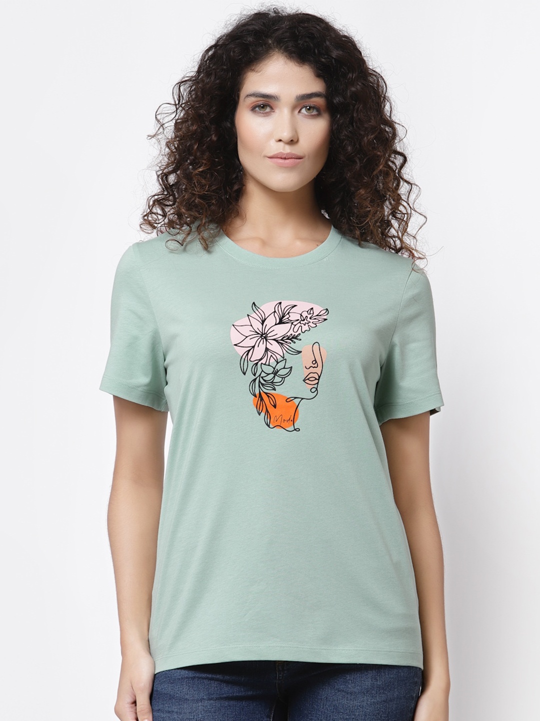 

Mode by Red Tape Women Green Typography Printed Pure Cotton T-shirt