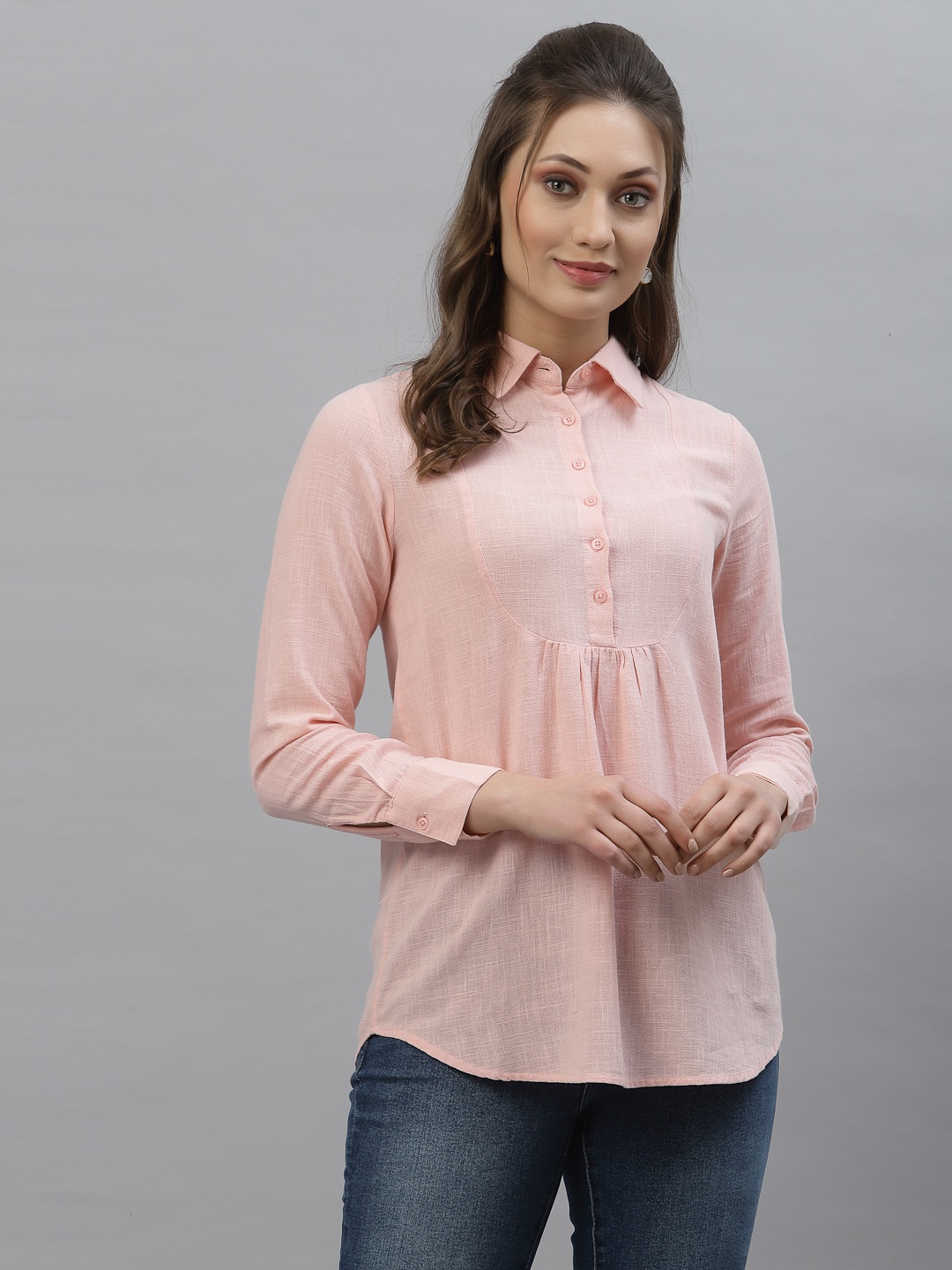 

Mode by Red Tape Women Pink Solid Pure Cotton Shirt Style Top