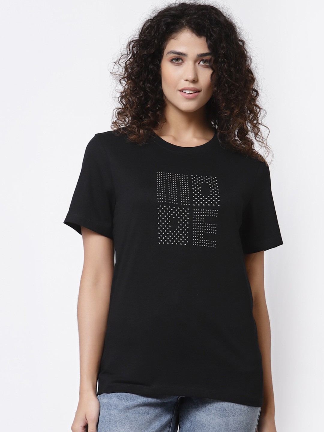 

Mode by Red Tape Women Black & Silver-Toned Brand Logo Pure Cotton T-shirt