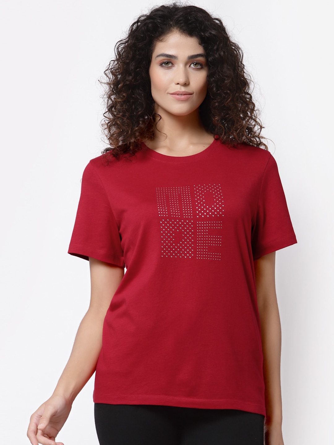 Mode by Red Tape Women Red Embellished Pure Cotton T-shirt