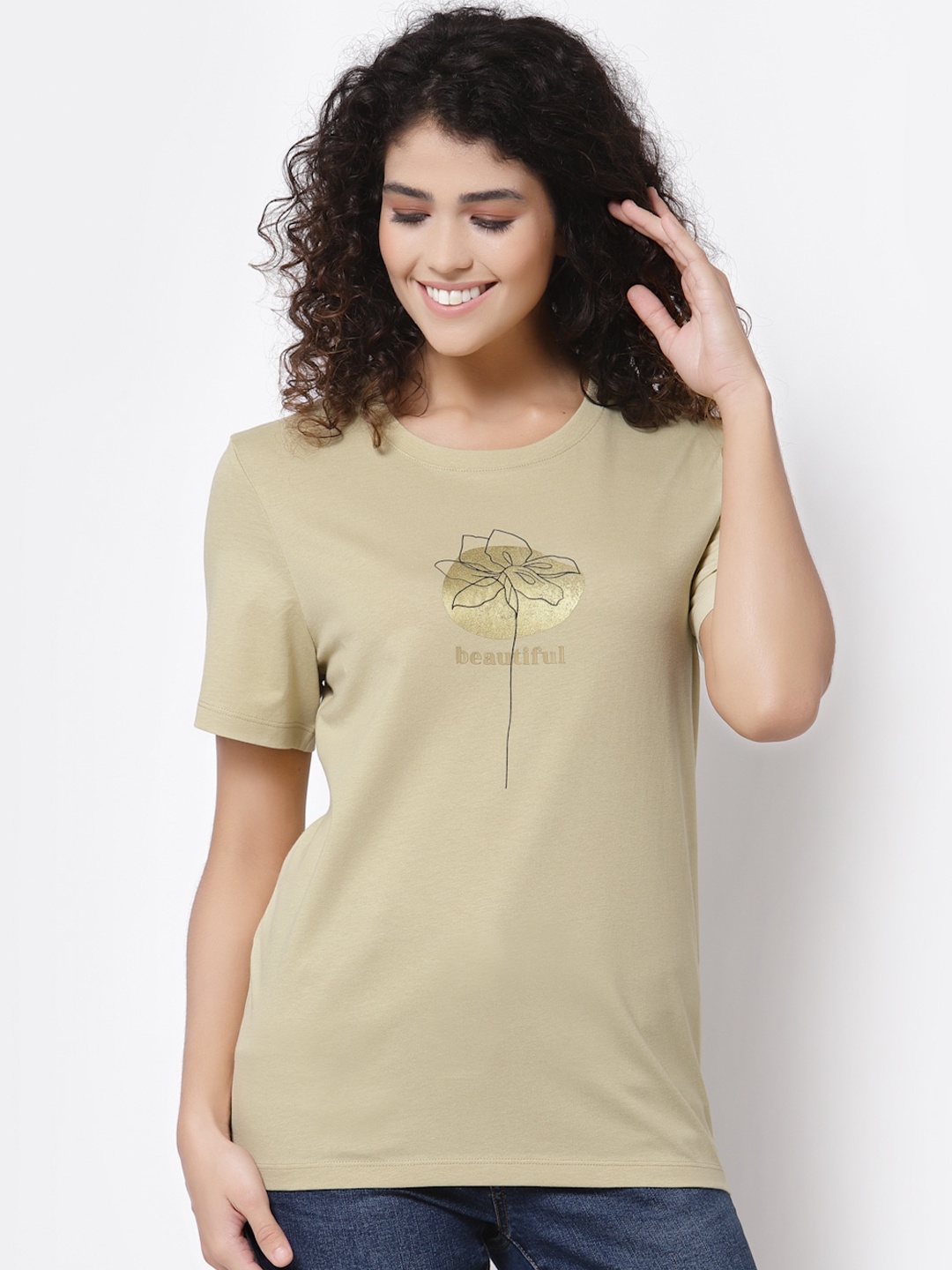 

Mode by Red Tape Women Green Floral Regular Fit Printed Pure Cotton T-shirt