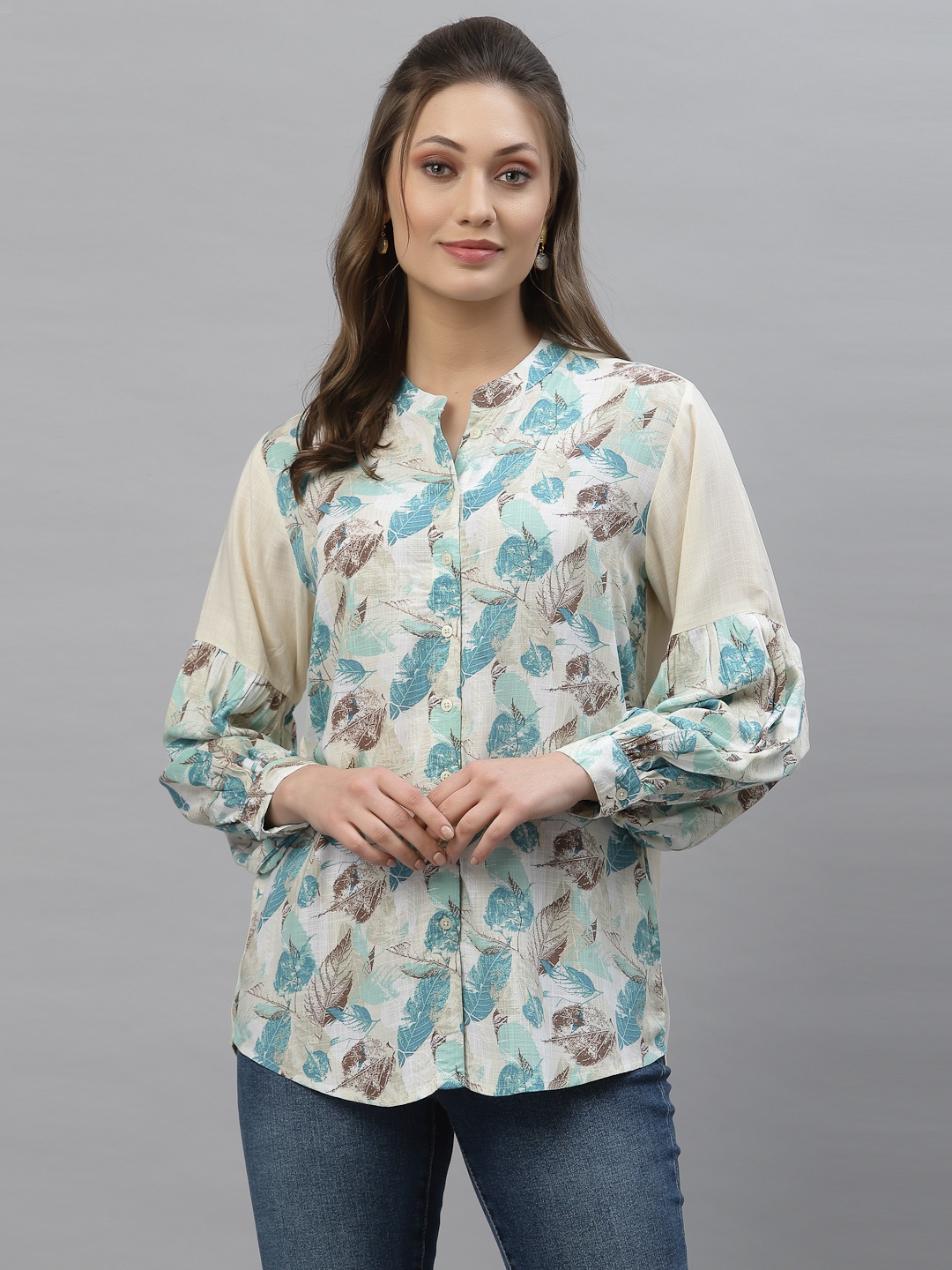 

Mode by Red Tape Peach-Coloured Floral Print Mandarin Collar Top