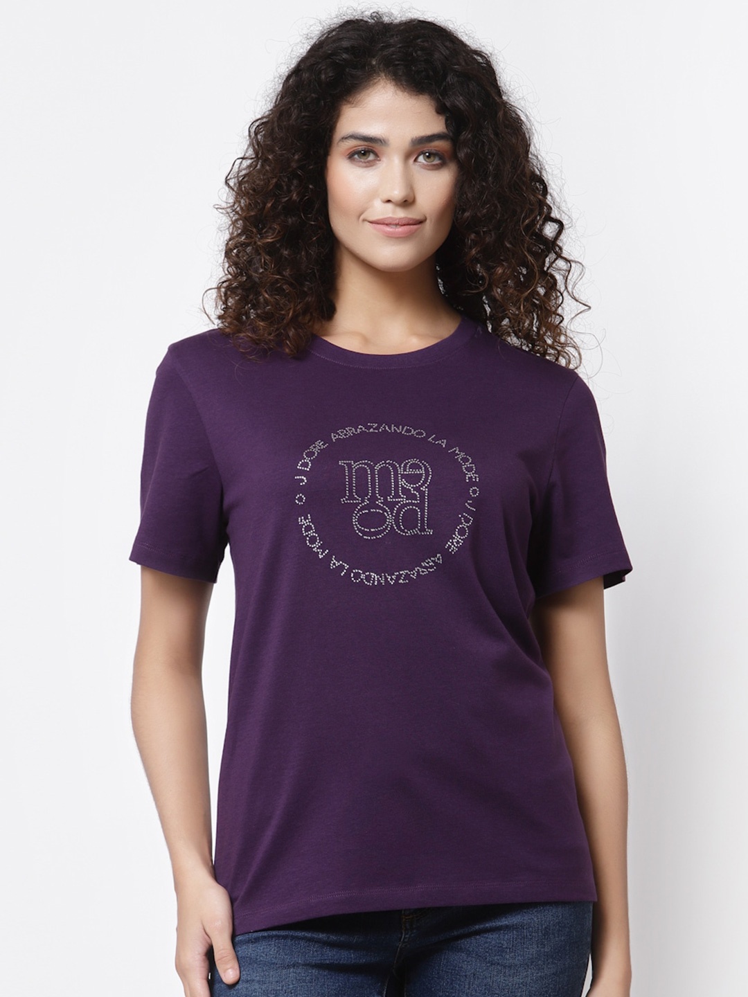 

Mode by Red Tape Women Purple Embellished Pure Cotton T-shirt