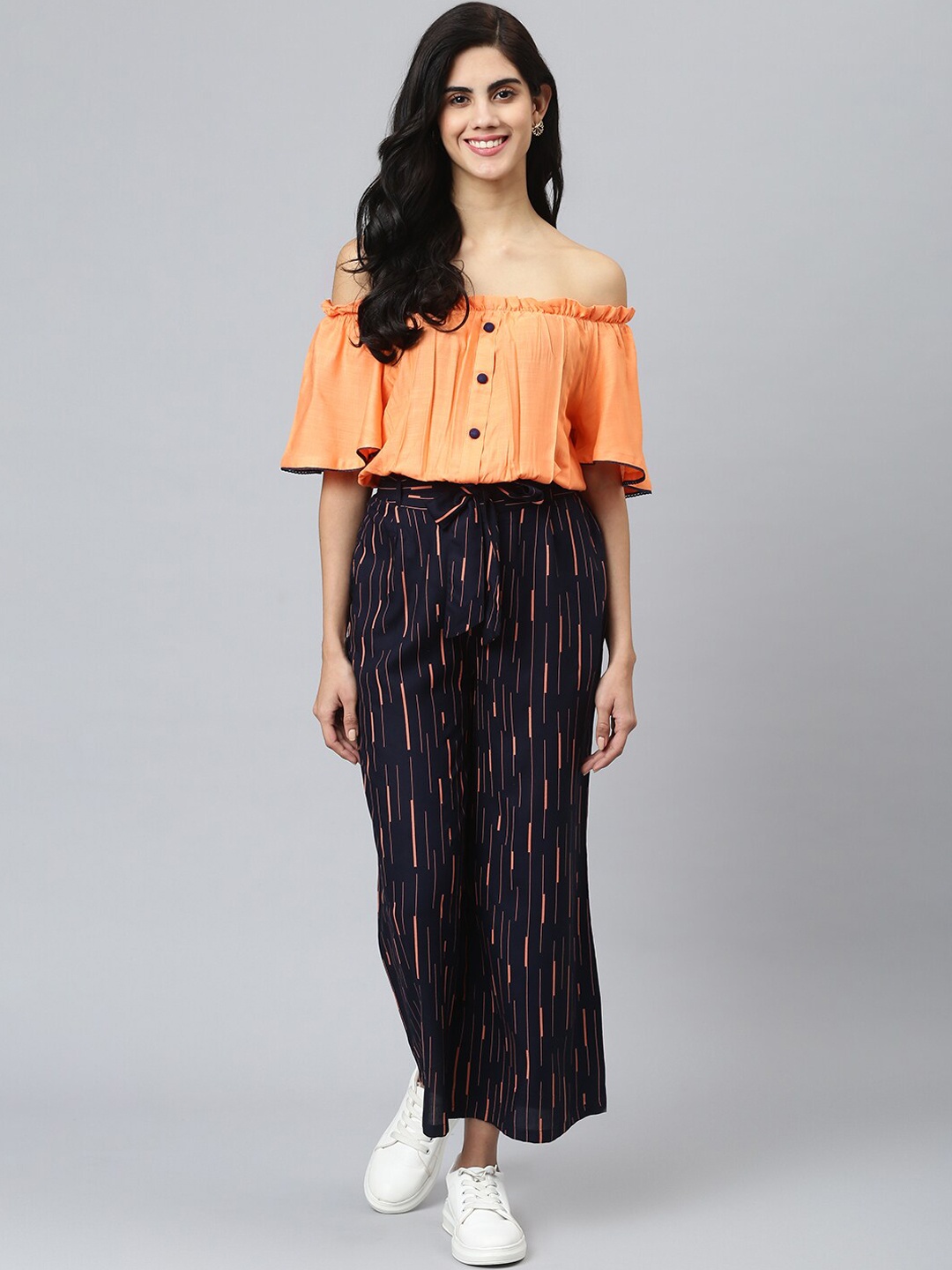 

FLAMBOYANT Women Orange & Navy Blue Bardot Crop Top and Palazzo Set