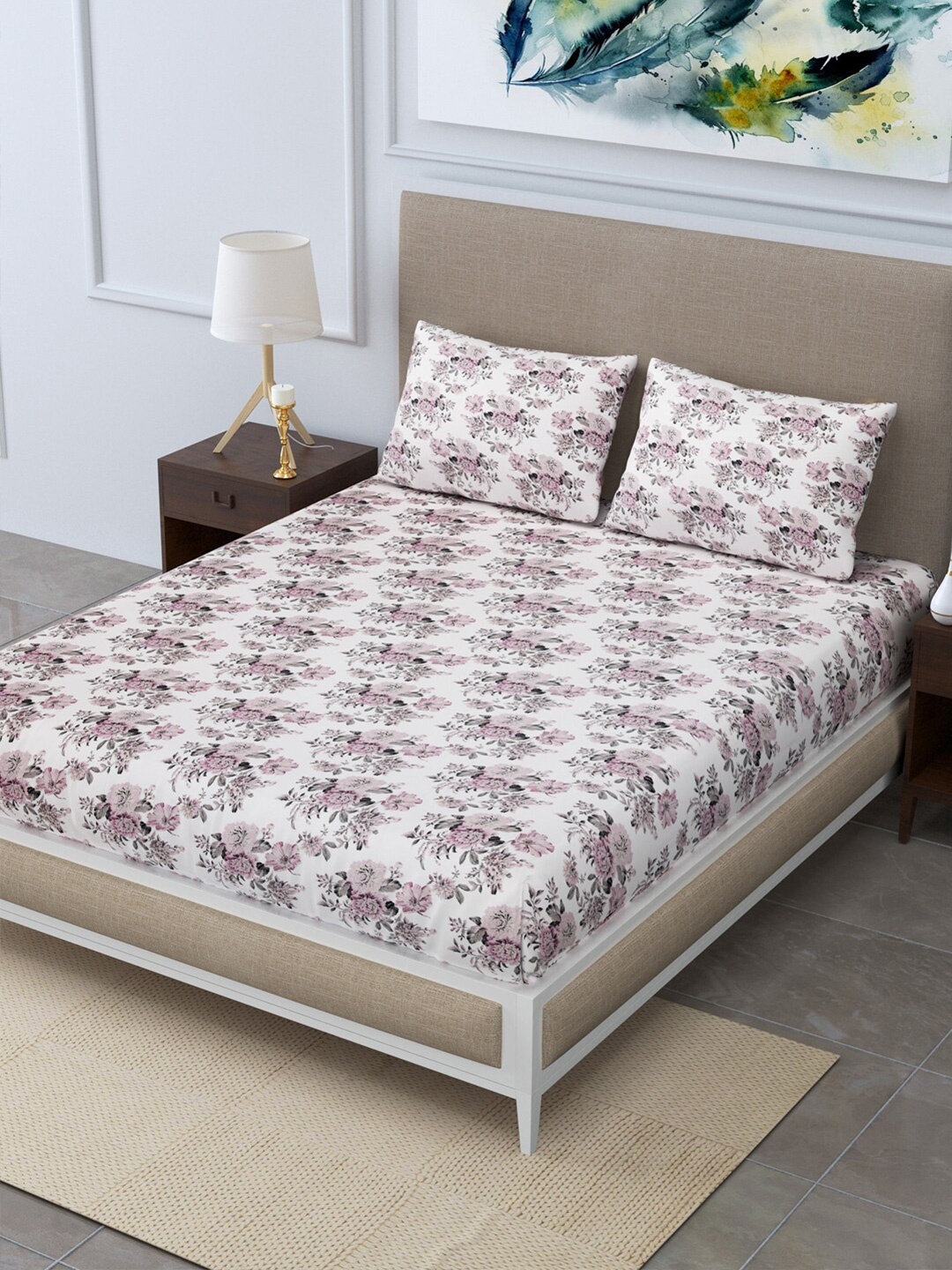 

LINENWALAS Happy Sleeping Brown & White Floral 300 TC Queen Bedsheet with 2 Pillow Covers