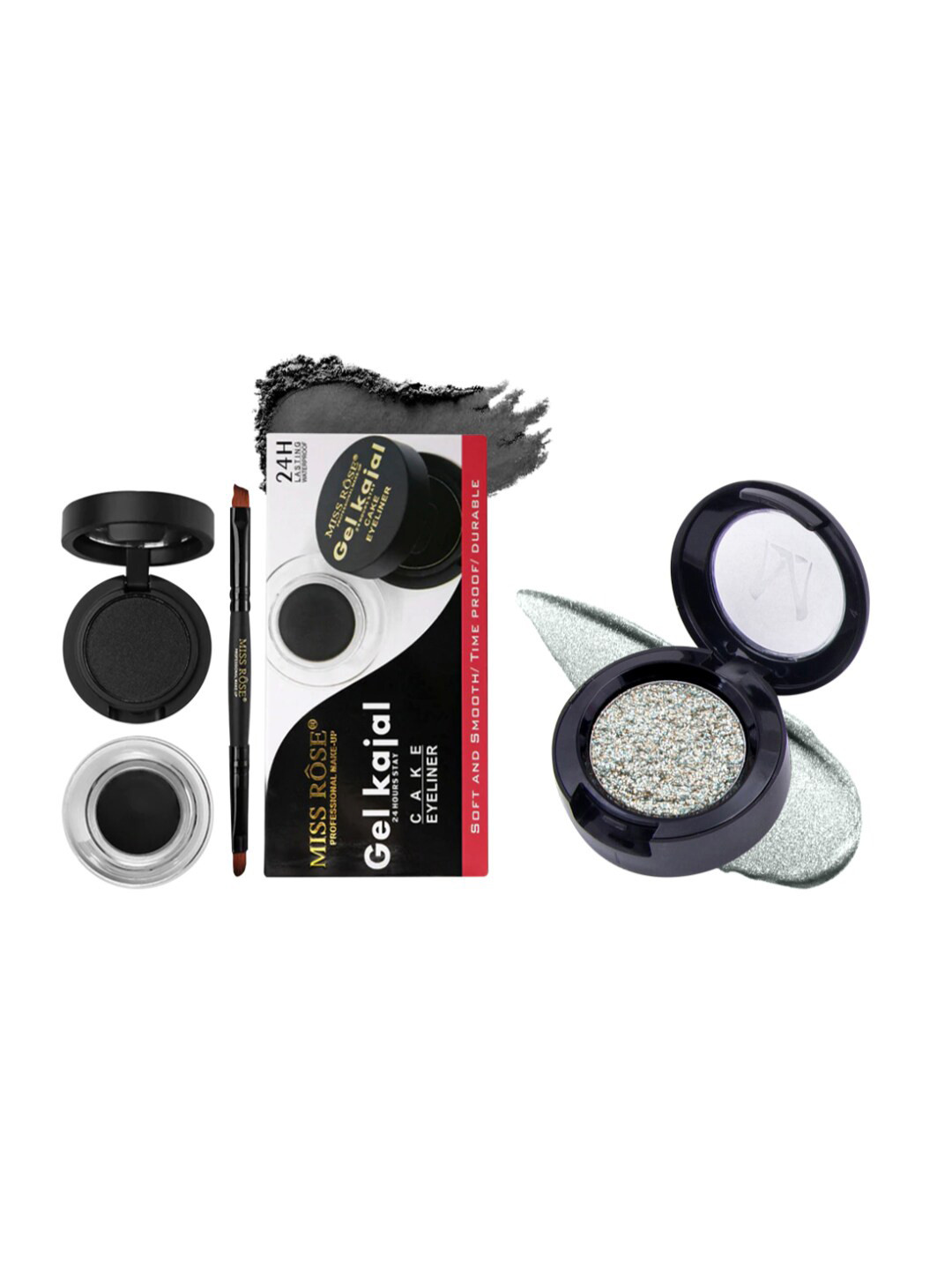 

MISS ROSE Set of Gel Kajal with Cake Eyeliner & Glitter Eyeshadow, Silver