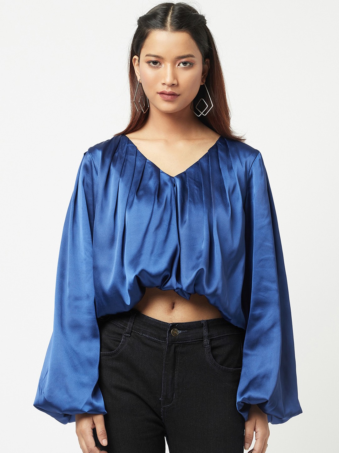 

ATTIC SALT Blue Bishop Sleeves Satin Blouson Crop Top
